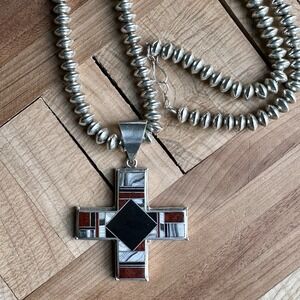 Wayne Etsitty Pendant Necklace 25" Cross Navajo Pearl Agate Onyx Sterling 108.6g